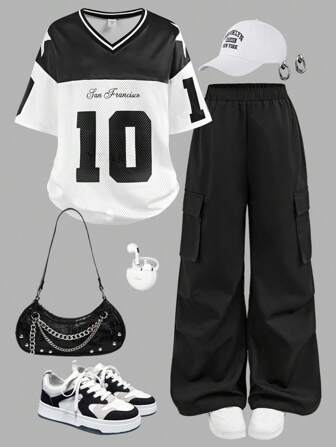 青少年女孩数字和字母印花 V 领宽松短袖 T 恤和阔腿工装裤 2 件套