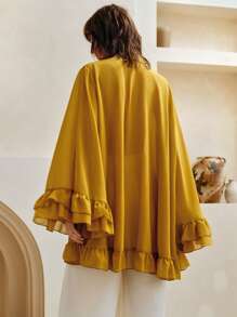 Aveloria Women Chiffon Ruffle Hem V-Neck Bowknot Fashionable Commuter Elegant Solid Color Long Loose Blouse,Summer Tops,Long Sleeve Top,Festival,Country Concert,Bohemia,Boho - Mustard Yellow - View 10