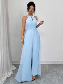 Elenzga Elegant Commuting Green Halter Tie-Up V-Neck Cinched Waist Sheer Hem Chiffon Jumpsuit For Women - Blue - View 3