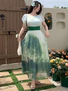 DAZY Summer Square Neck Holiday Casual Color Block Tie Dye Vintage Oil Painting Bohemian Style Print Ruffle Hem Midi Dress For Women,Teacher Outfits