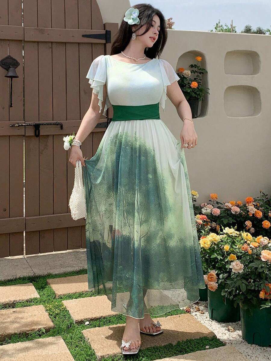 DAZY Summer Square Neck Holiday Casual Color Block Tie Dye Vintage Oil Painting Bohemian Style Print Ruffle Hem Midi Dress For Women,Teacher Outfits