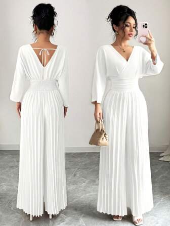 Rafferiza 女式纯色交叉V领3/4袖荷叶边阔腿优雅连体裤