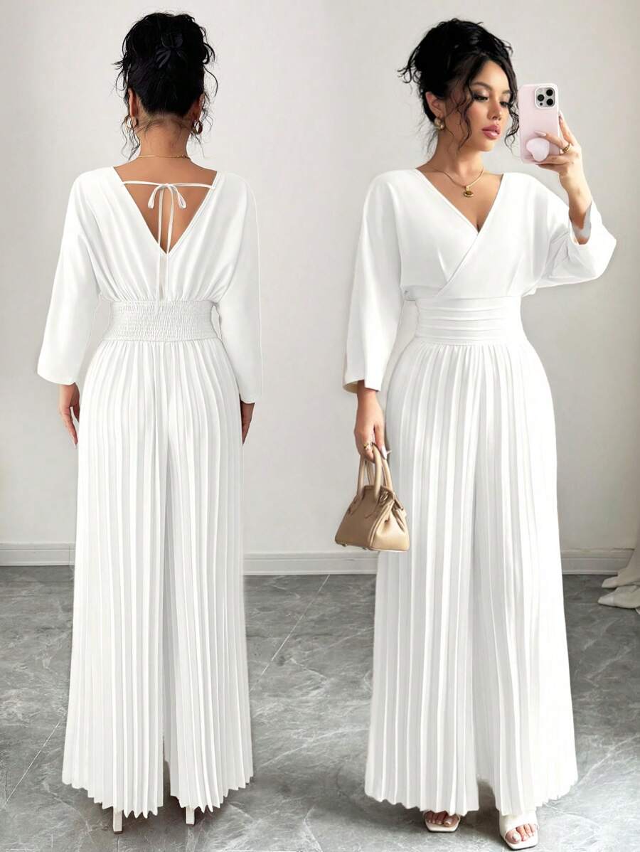 Rafferiza Women's Solid Color Crossed V-Neck 3/4 Sleeve Ruffle Wide Leg Elegant Jumpsuit