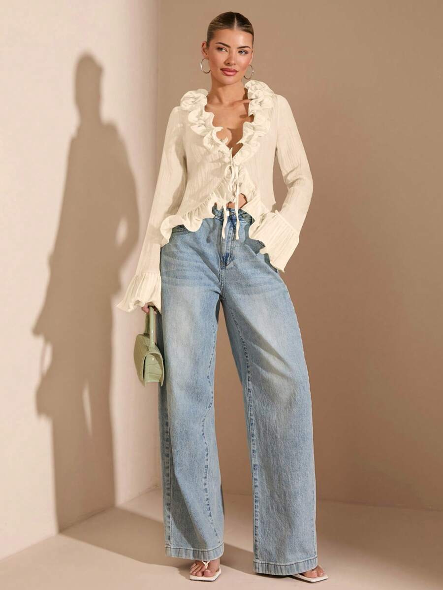 SHEIN BAE Áo khoác cardigan nhẹ cổ chữ V sâu thanh lịch dài tay viền bèo nhún đầu xuân dành cho nữ, thích hợp cho tiệc ngoài vườn, hẹn hò lãng mạn, đi chơi với bạn bè, đi chơi đầu xuân và các hoạt động tiệc tùng - Màu be - Xem 1