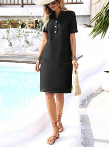 Breezaya Women's Button-Up Half Placket Short Sleeve Pocket Straight Casual Denim Dress