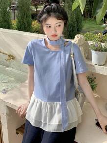 DAZY Women Summer Casual Elegant Ruffled Hem Tie-Neck Short Sleeve Top - Blue - View 6