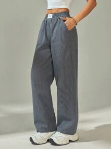 SHEIN PETITE Women's Letter & Striped Pockets Casual Straight-Leg Pants Y2k - Grey - View 1