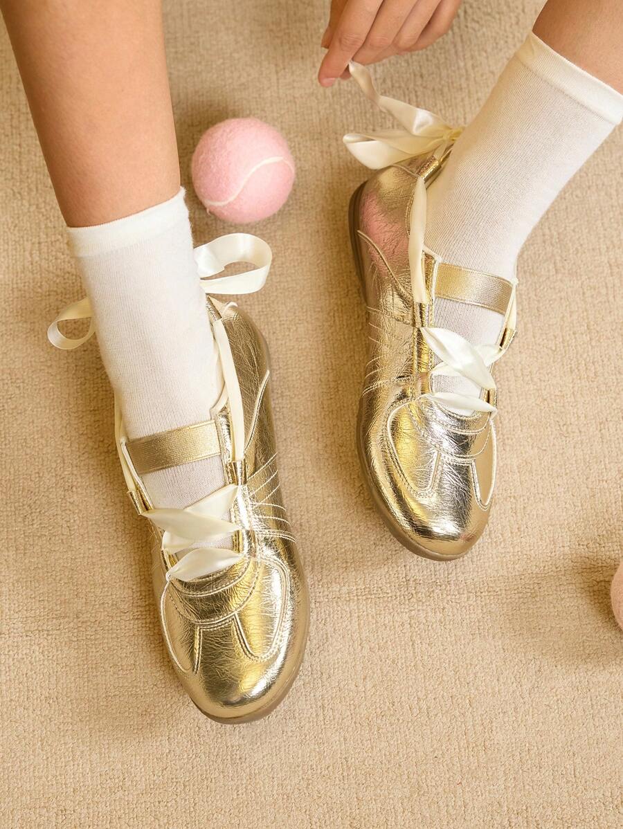 CUCCOO EASI Giày thể thao đế bằng Mary Jane Retro Silver dành cho nữ, màu satin - Vàng - Xem 1
