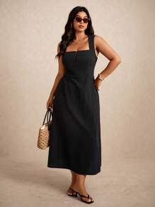 Elaquor Plus Size Solid Color Sleeveless Casual Holiday Dress,Summer Outfits For Women - Black - View 6