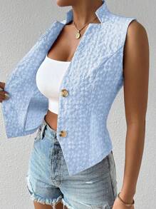 Chiquease Textured Jacquard V-Neck Vest Suit Jacket, Fashionable For Summer - Blue - View 3