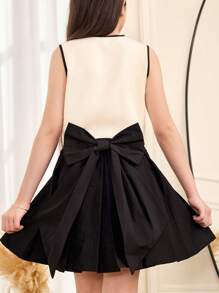 SHEIN Tween Girls Black Pleated Skirt With Oversized Bow Back Design, Casual