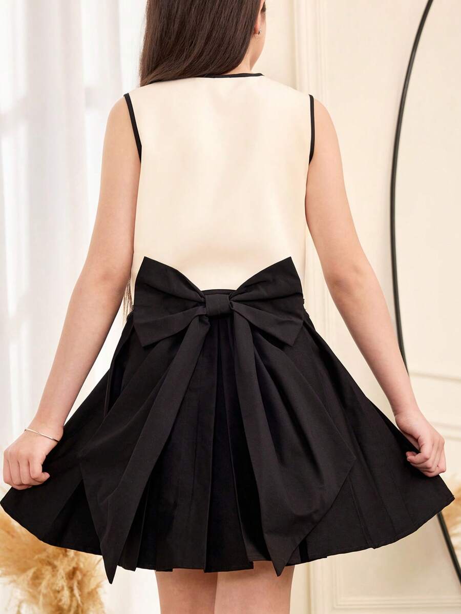 SHEIN Tween Girls Black Pleated Skirt With Oversized Bow Back Design, Casual