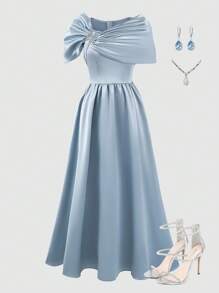 SHEIN 优雅修身缎面连衣裙，适合少女 - 水鴨藍 - 查看 6