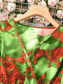 SHEIN Clasi Plus Size High Neck Lantern Sleeve Pleated Hem Wrap Dress Maxi Women Outfit - Green - View 4