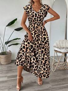 SHEIN LUNE Vintage Leopard Print Shirred Cap Sleeve Cinched Waist Ruffle Hem A-Line Maxi Dress, Casual Vacation Elegant Outing Dress For Women Leopard Dress,Sun Dresses For Women