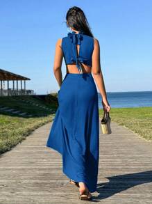 EURMUSE Solid Color Simple And Fashionable Summer Long Dress With Back Detail - Royal Blue - View 4