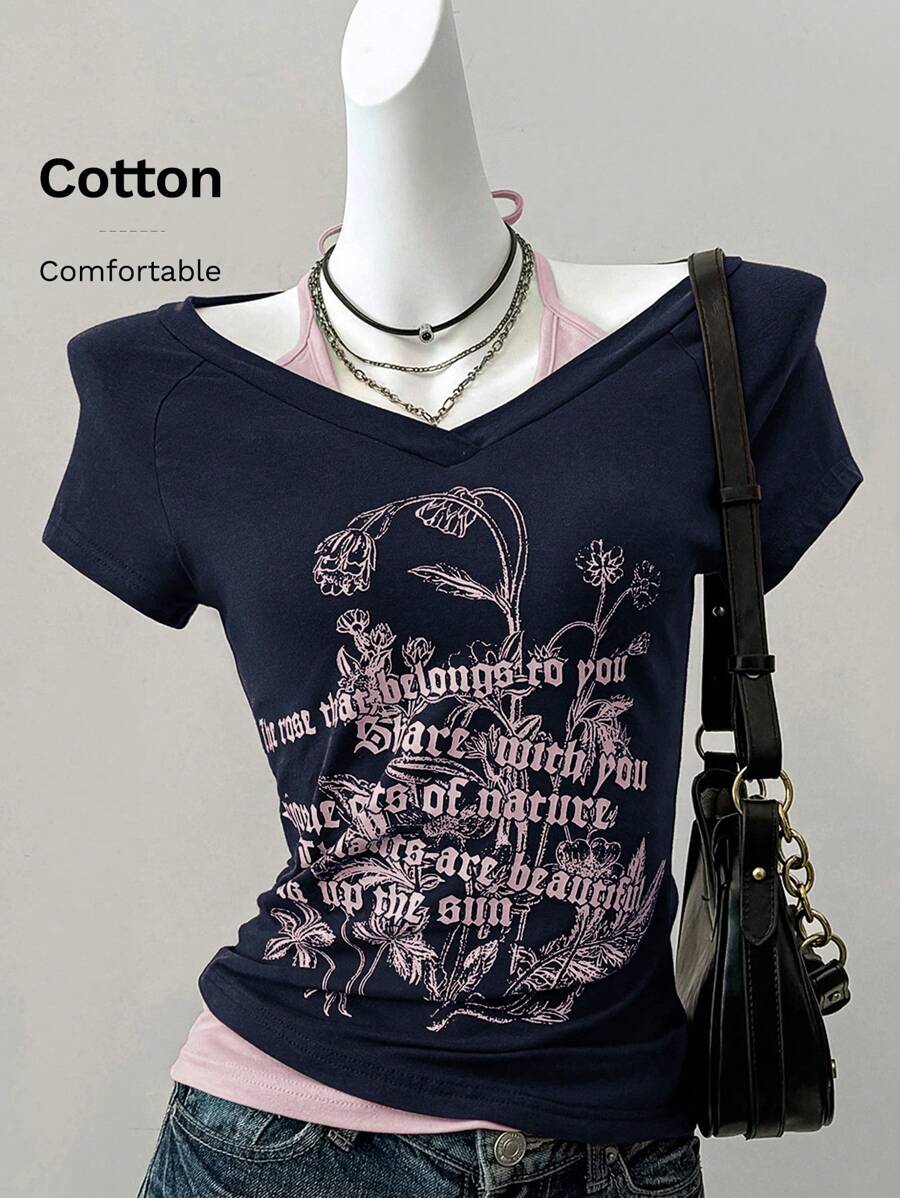 SHEIN EZwear Summer Graphic Tees Western Wear Women Navy Blue & Pink Patchwork - Navy Blue - View 1