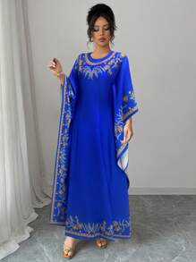 Elenzga Round Neck Ruched Waist Elegant Floral Print Long Dress For Women - Blue - View 6