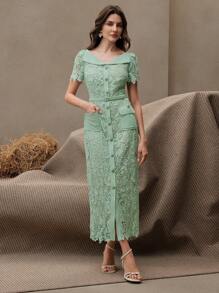 Anewsta Women Lace Trim Waist Tie Midi Dress, Short Sleeve, Elegant Summer - Aqua Green - View 4