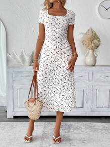 SHEIN LUNE Langer schwarzer Blümchen-Strickkleid mit quadratischem Ausschnitt, Lässig, süß und romantisch