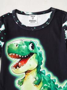 Set de 2 piezas con camiseta de manga corta con estampado de dinosaurio y pantalones cortos casuales y lindos para niño pequeño, pijama de ajuste ceñido