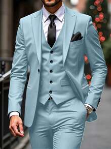 Calvornis Men's Solid Color Distressed Lapel Long Sleeve Jacket And Pants Casual Suit Set - Baby Blue - View 4