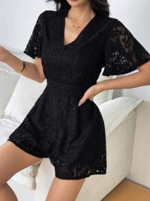 Bellastra 女士 V 领性感高端蕾丝花边腰部拼接精致法式透明蕾丝连体衣 - 黑色 - 查看 8