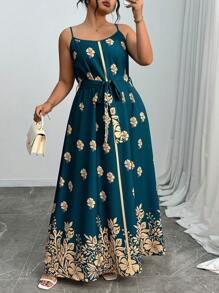 Elenzga Plus Size Women Floral Print Elegant Sleeveless Dress For Summer Vacation - Green - View 4