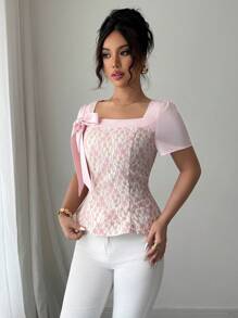 Chiquease Elegante Bluse für Frauen mit quadratischem Ausschnitt, Taillenzug mit Schleife, Kurze Ärmel, Rosa