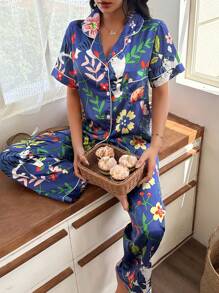 Flower Tiger Print Cardigan Women's Pajama Set - Multicolor - View 4