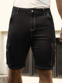 Manfinity Homme Men's Black Washed Denim Cargo Shorts, Streetwear Style Skinny Fit - Black - View 4