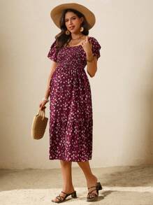 SHEIN Maternity Casual Fully Allover Print Ruffle Hem Dress - Burgundy - View 3