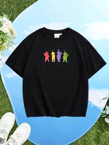 Teletubbies X SHEIN Tween Boy Colorful Cartoon Graphic Black Casual Versatile Short Sleeve T-Shirt