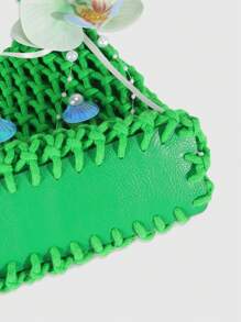 ROMWE Fairycore 1 buc. Geantă de plajă țesătă cu perle și cântare de sirenă, cu decor de flori de orhidee, culoare verde, toc de vară pentru femei