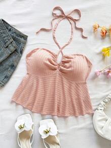 Soleia 全新纹理针织度假细肩带荷叶边吊带背心（黄色） - 粉色 - 查看 4