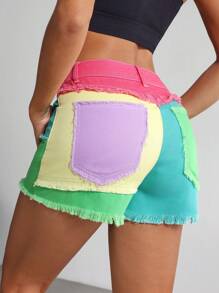 SHEIN Tall Women Casual Contrast Color Pocket Frayed Hem Denim Shorts - Yellow - View 2