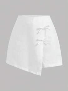 Firerie Women's White Woven Casual Shorts With Bowknot Detail And Zipper Closure - White - View 1