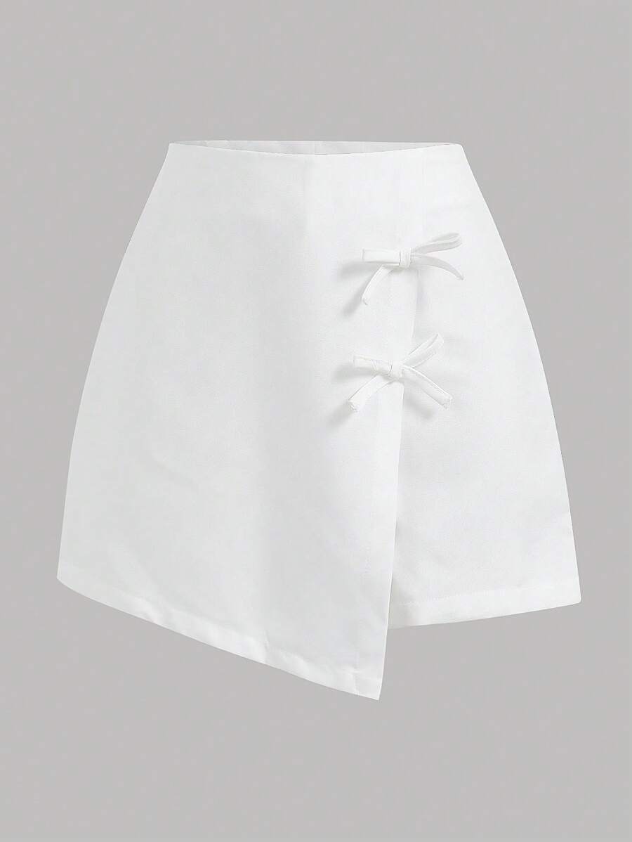 Firerie Women's White Woven Casual Shorts With Bowknot Detail And Zipper Closure - White - View 1