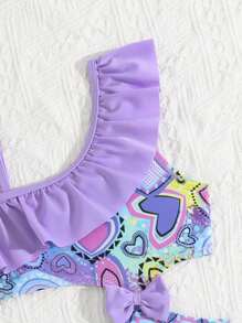 SHEIN Young Girl Heart Print Ruffle Asymmetric One-Piece Swimsuit, Resort - Multicolor - View 4