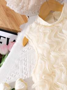 Tween Girls Solid Sleeveless Stand Collar 3D Ruffle Elegant Summer Dress - Apricot - View 6