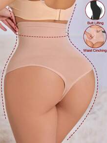 SHEIN Women Solid Tummy Control Body Shaper Seamless High Waist Cincher Shapewear Bottom With Hook-And-Eye Closure And Thong Design - Apricot - View 3