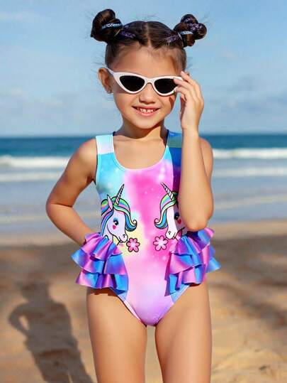 SHEIN Young Girl Gradient Unicorn Print Ruffled One-Piece Swimsuit, Summer