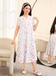 SHEIN 女童宽松休闲印花拼布V领短袖A字连衣裙 - 霧霾藍 - 查看 4