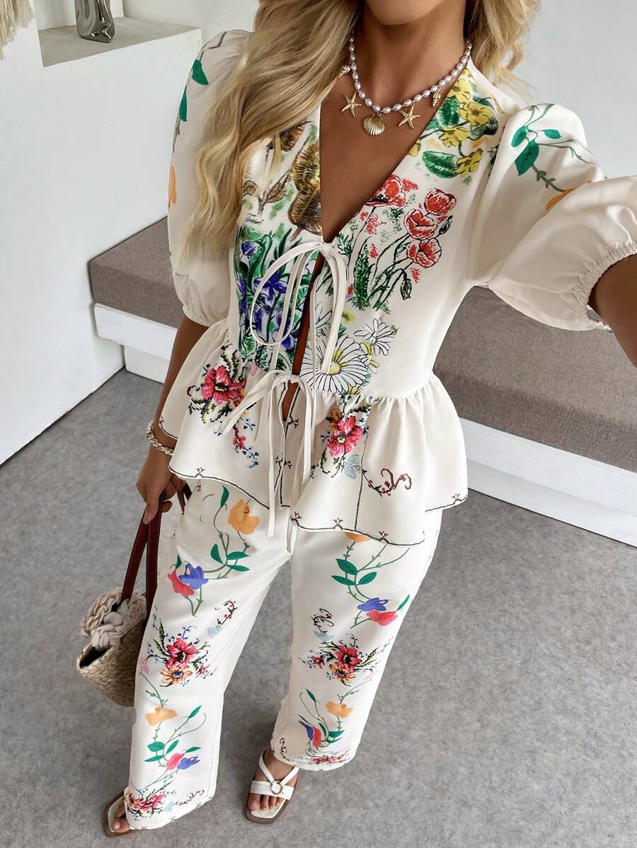 SHEIN LUNE Bộ 2 áo sơ mi ngắn tay phồng in hoa buộc phía trước và quần ống rộng cho nữ, Xuân/Hè - Nhiều màu - Xem 1
