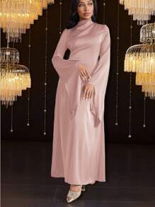 Veilorie 女士长袖连衣裙，纯色，夏季时尚 - 粉色 - 查看 4