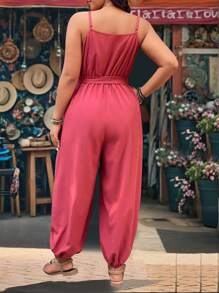 SHEIN LUNE 时尚休闲复古 V 领细肩带束腰连体裤 - 紅色 - 查看 2