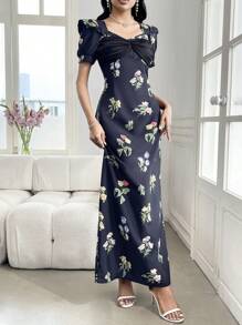 Modelyn 1pc Women's Elegant Front Ruffle Splice Floral Print Split Hem Dress - Black - View 3