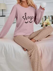 SHEIN Cottnline 100%纯棉两件套眼睛和心形印花睡衣套装 - 淺粉色 - 查看 4