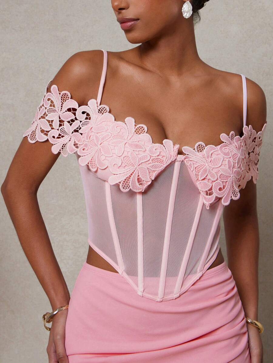 L'Amorae Women's Lace Patchwork Camisole Tank Top, Sexy Summer - Pink - View 1