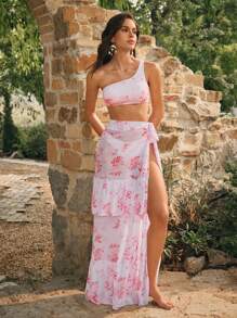 Anewsta Bộ bikini 3 mảnh họa tiết hoa bãi biển mùa hè cho nữ kèm áo hở lưng, quần và váy che thân - Nhiều màu - Xem 4